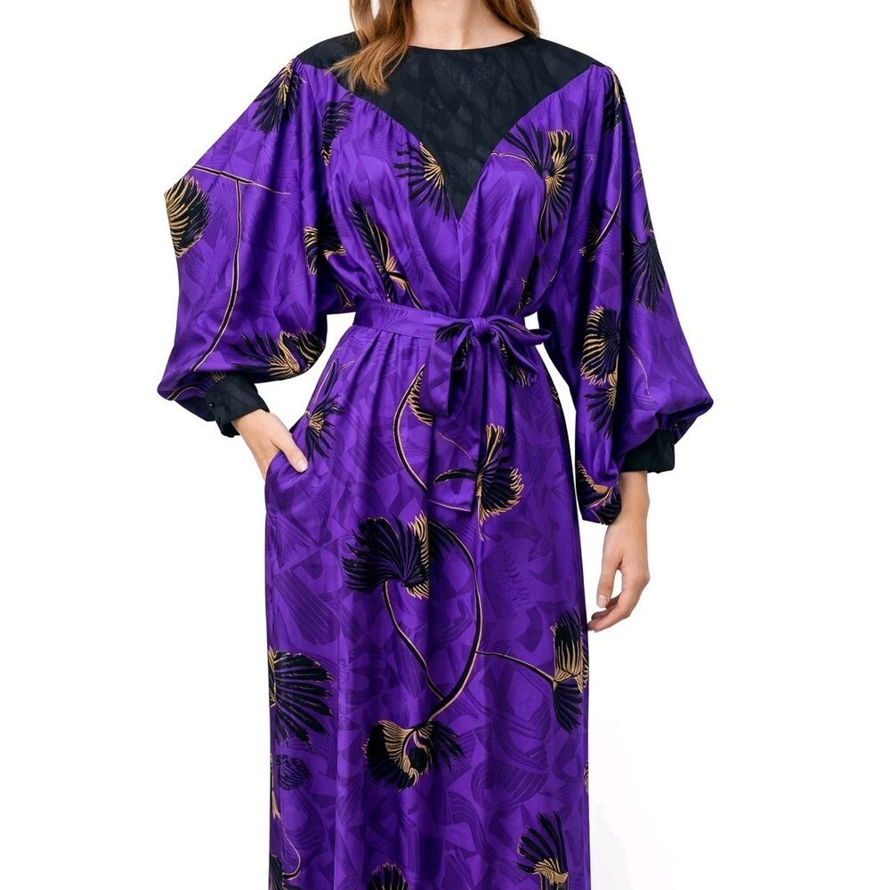 Vtg Silk Caftan Dress Purple Nora Noh Batwing Belted 80s 90s Dolman Resort